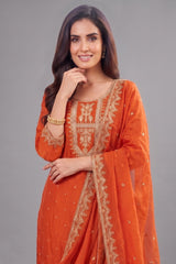 Orange Art Silk Straight Cut Suit with Sequin and Embroidery Work