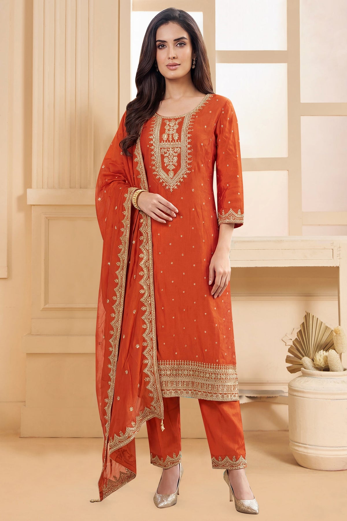 Orange Art Silk Straight Cut Suit with Sequin and Embroidery Work