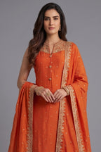 Orange Art Silk Straight Cut Suit with Sequin and Embroidery Work