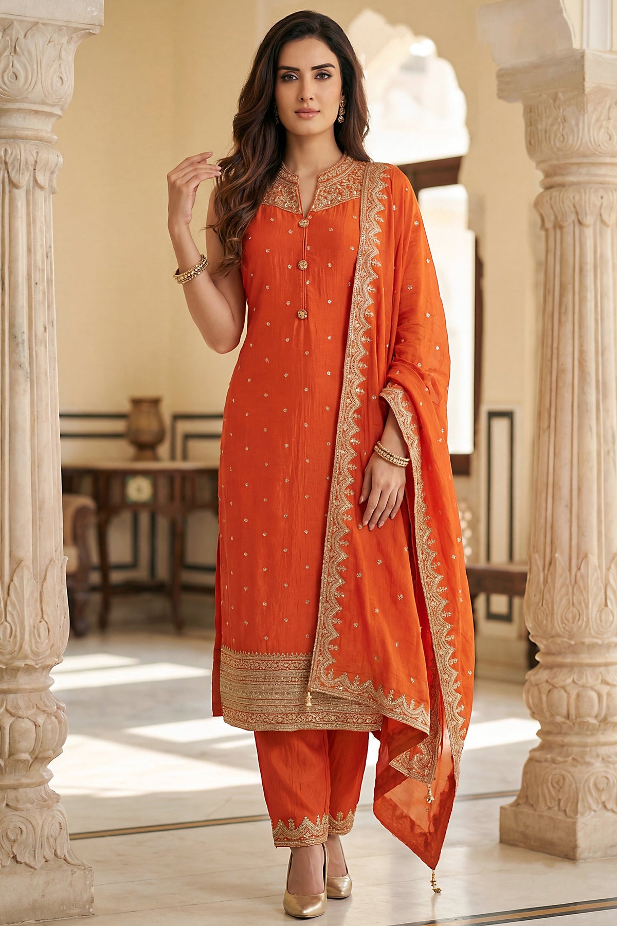 Orange Art Silk Straight Cut Suit with Sequin and Embroidery Work