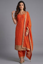 Orange Art Silk Straight Cut Suit with Sequin and Embroidery Work