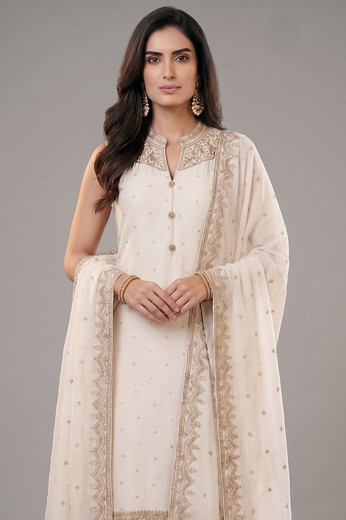 Pearl White Art Silk Straight Cut Suit with Sequin and Embroidery Work