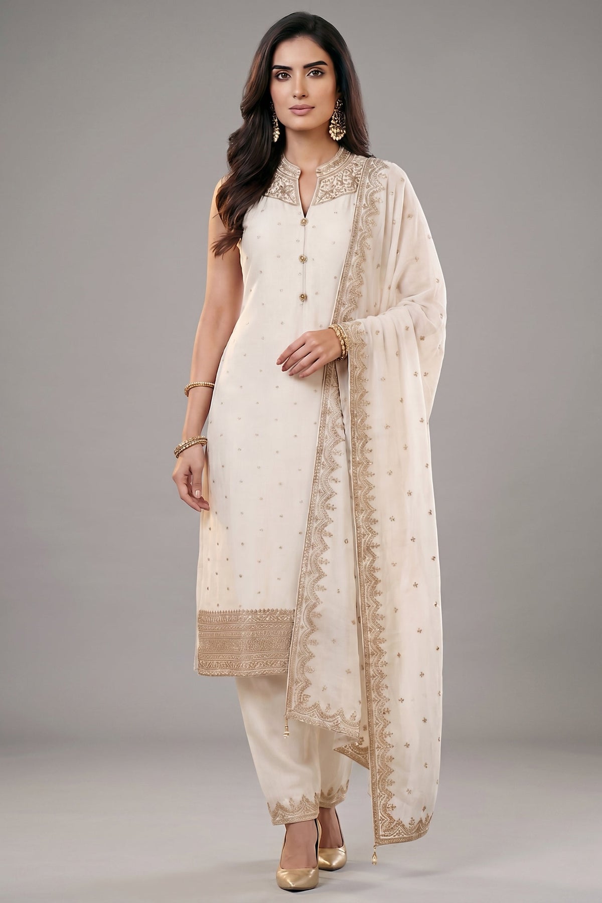 Pearl White Art Silk Straight Cut Suit with Sequin and Embroidery Work