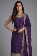 Purple Art Silk Straight Cut Suit with Sequin and Embroidery Work