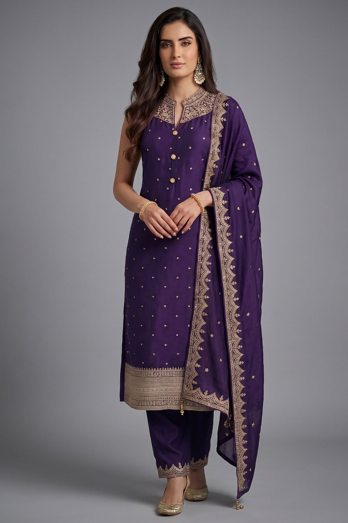 Purple Art Silk Straight Cut Suit with Sequin and Embroidery Work