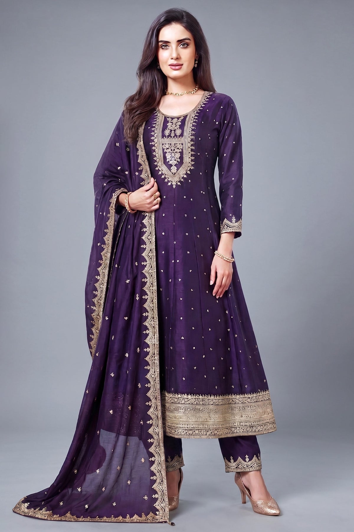 Purple Art Silk Anarkali Suit with Sequin and Embroidery Work