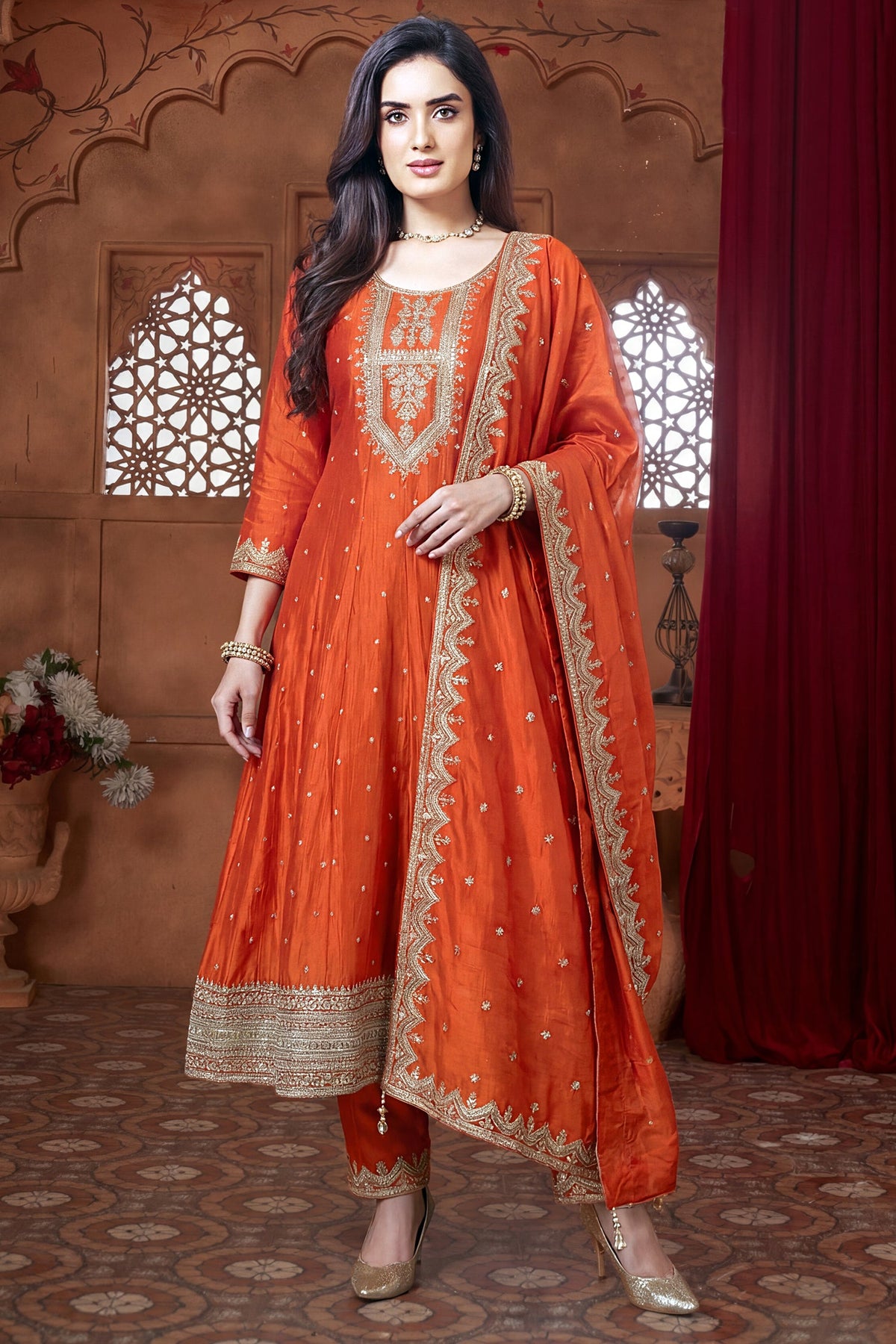 Orange Art Silk Anarkali Suit with Sequin and Embroidery Work