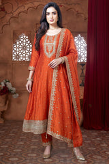 Orange Art Silk Anarkali Suit with Sequin and Embroidery Work