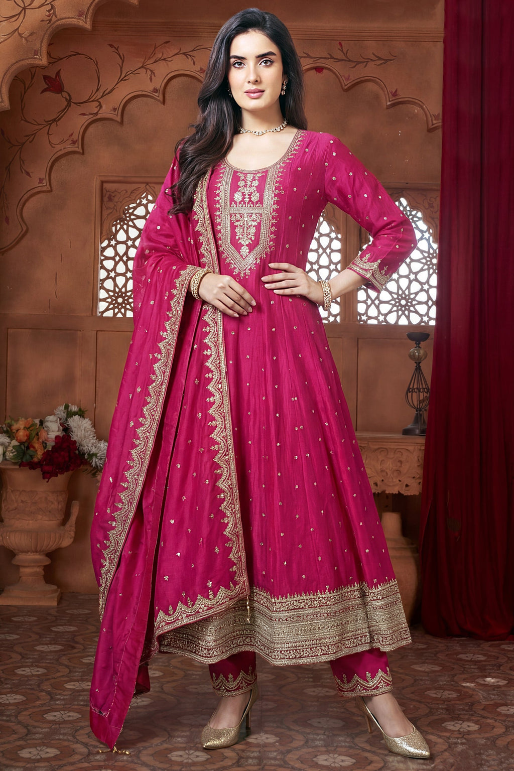 Rani Pink Art Silk Anarkali Suit with Sequin and Embroidery Work