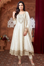 Pearl White Art Silk Anarkali Suit with Sequin and Embroidery Work