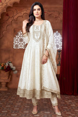 Pearl White Art Silk Anarkali Suit with Sequin and Embroidery Work