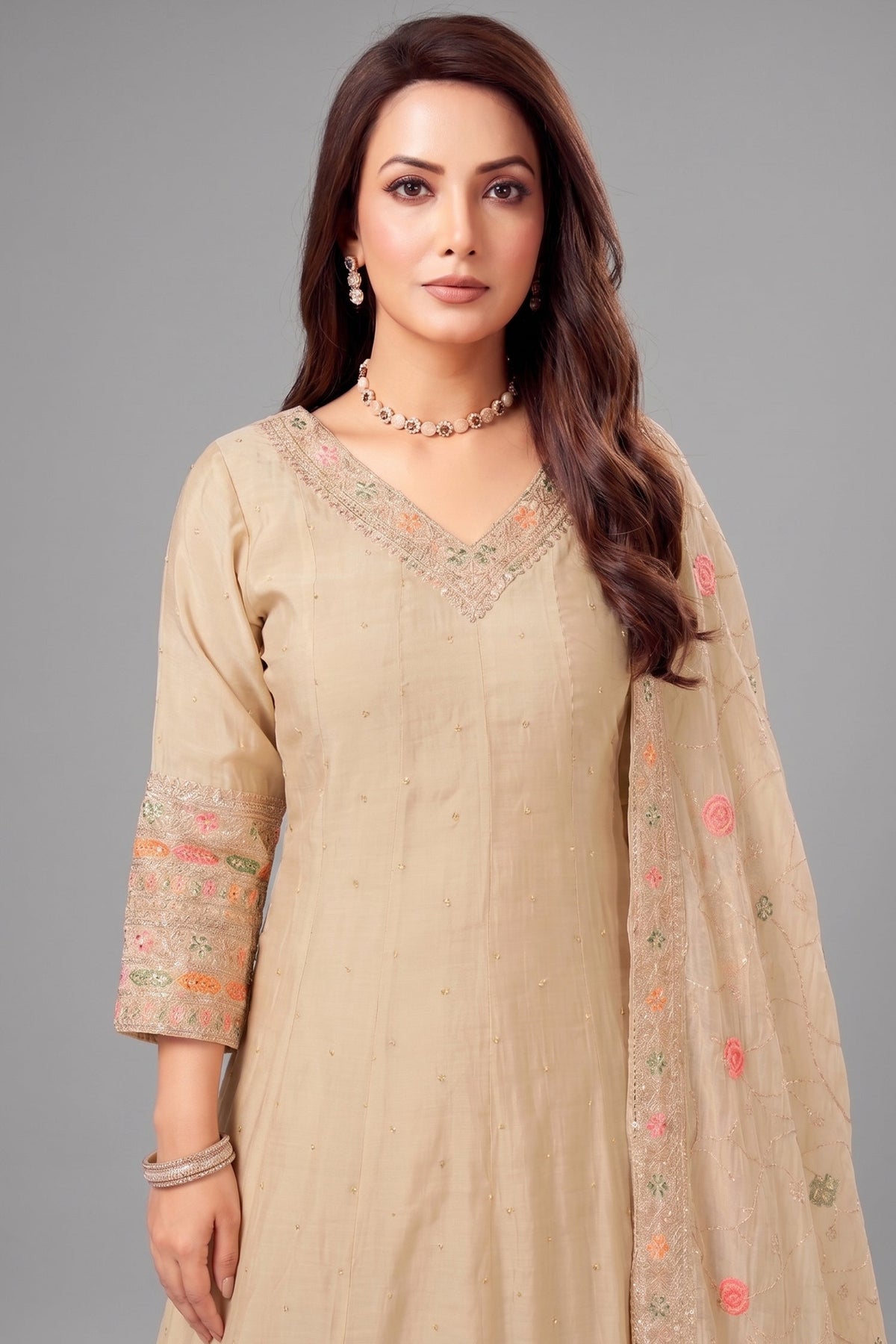 Cream Art Silk Anarkali Suit with Sequin and Embroidery Work
