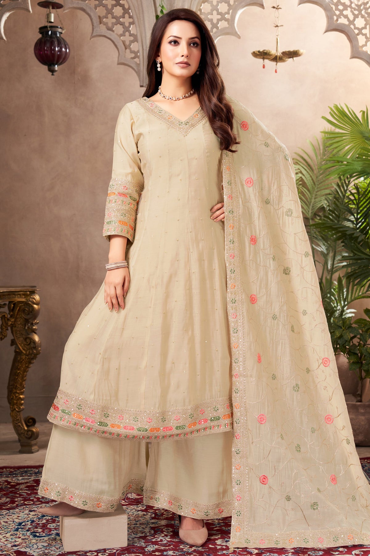 Cream Art Silk Anarkali Suit with Sequin and Embroidery Work