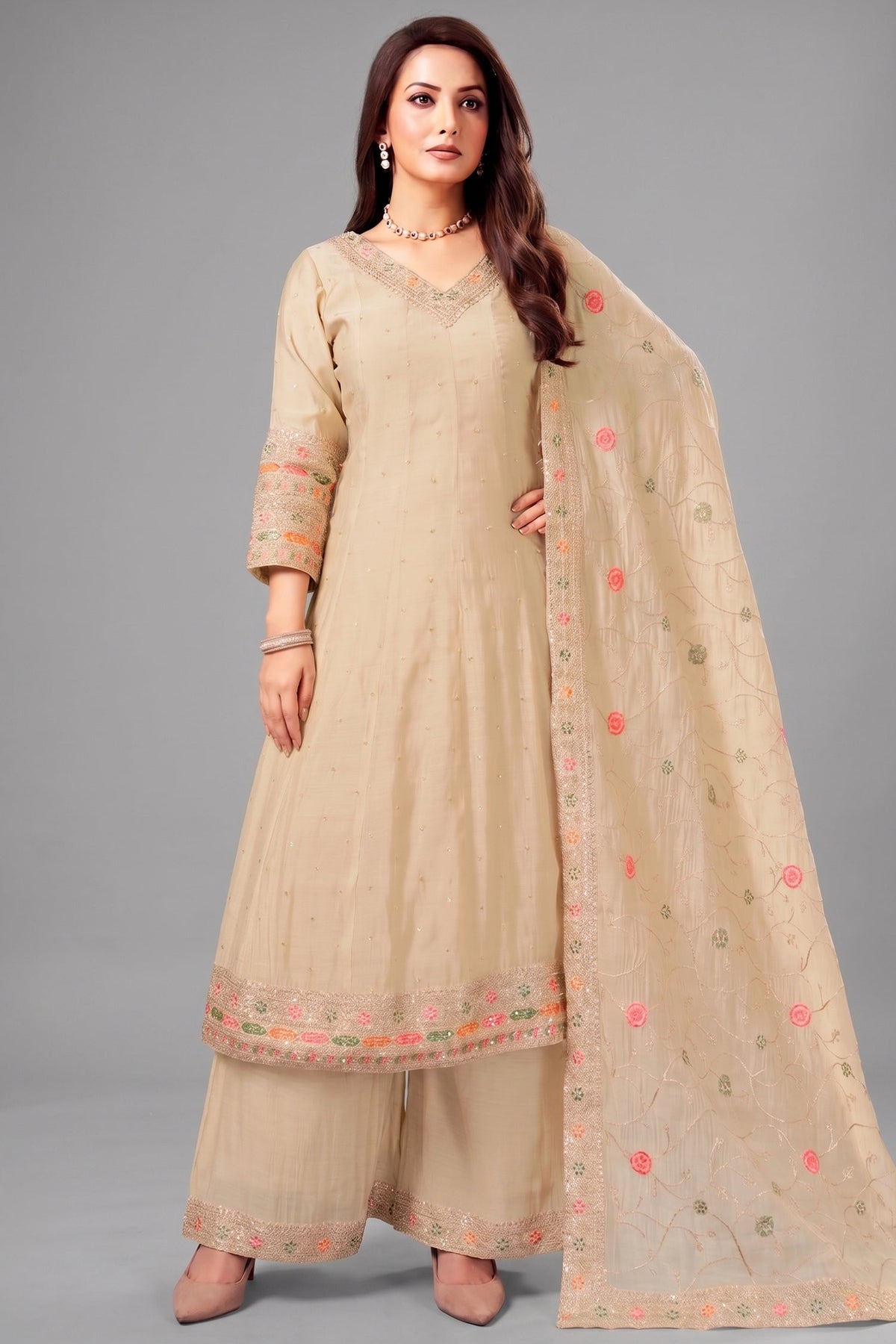 Cream Art Silk Anarkali Suit with Sequin and Embroidery Work