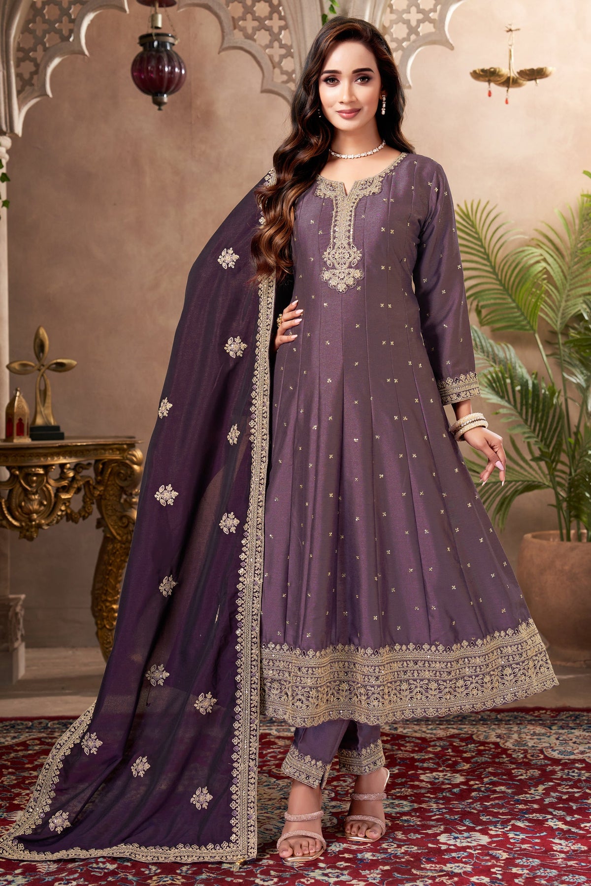 Antique Fuchsia Purple Art Silk Anarkali Suit with Sequin Work