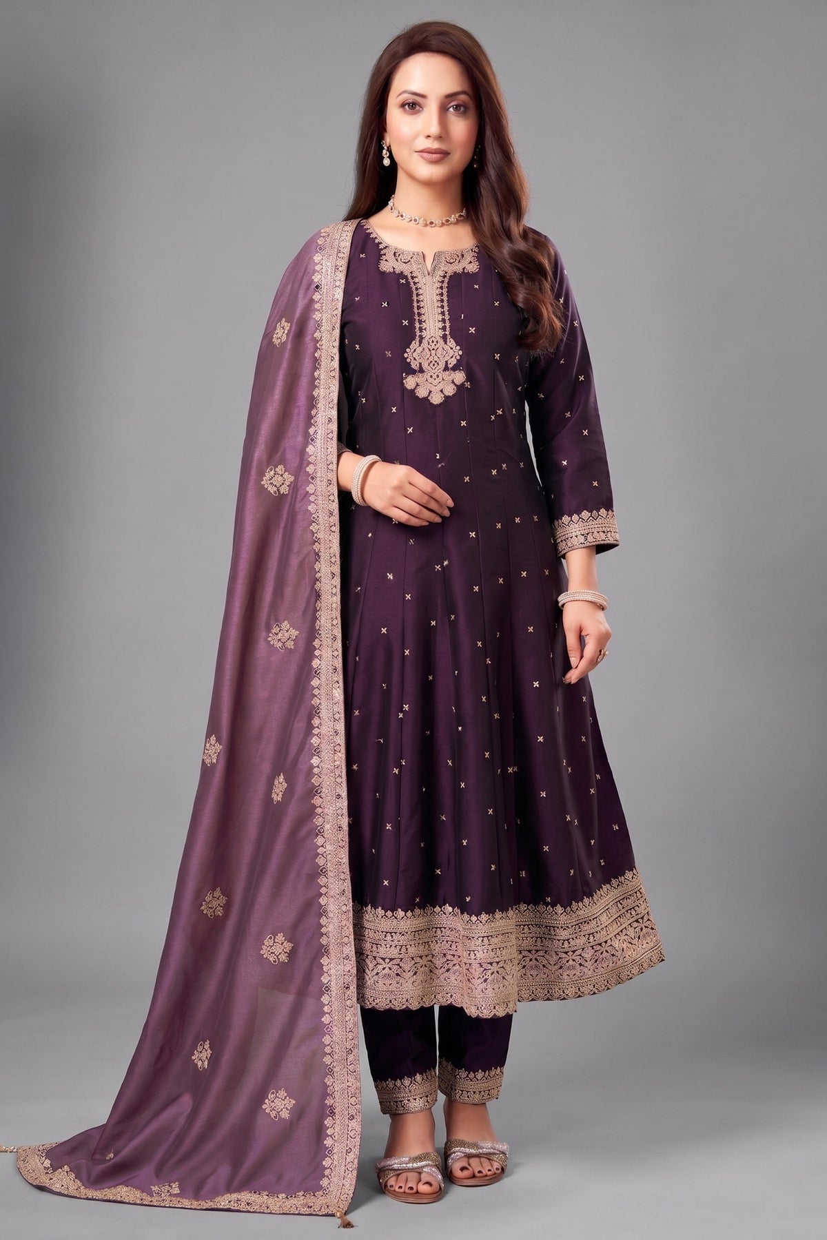 Dark Purple Art Silk Sequin Worked Anarkali Suit