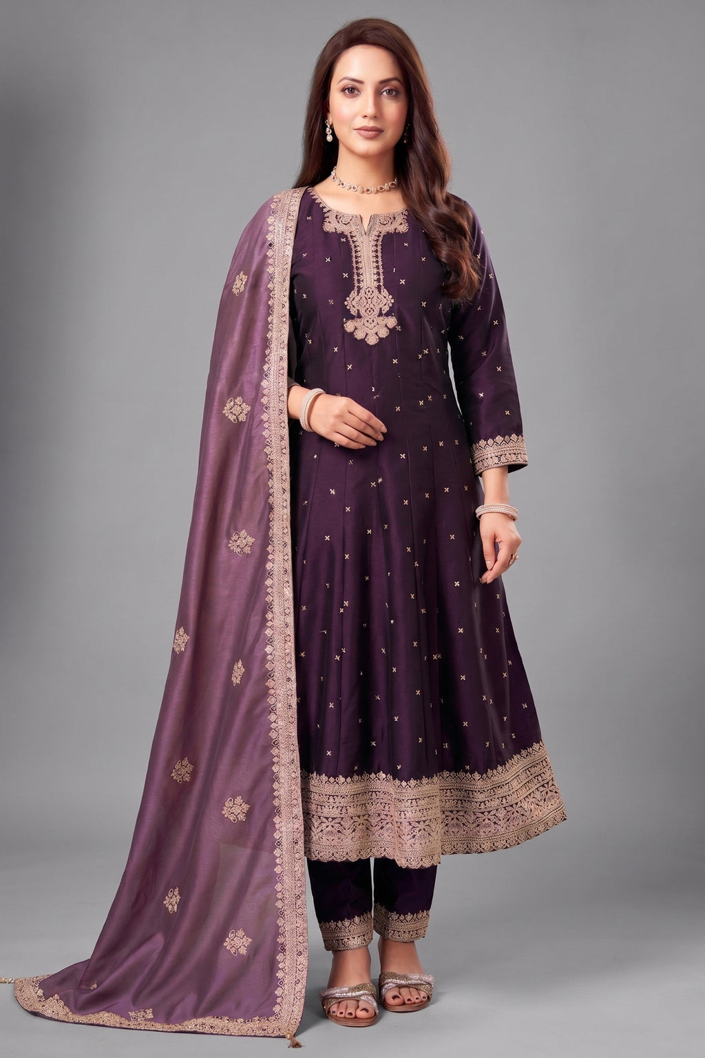 Dark Purple Art Silk Sequin Worked Anarkali Suit