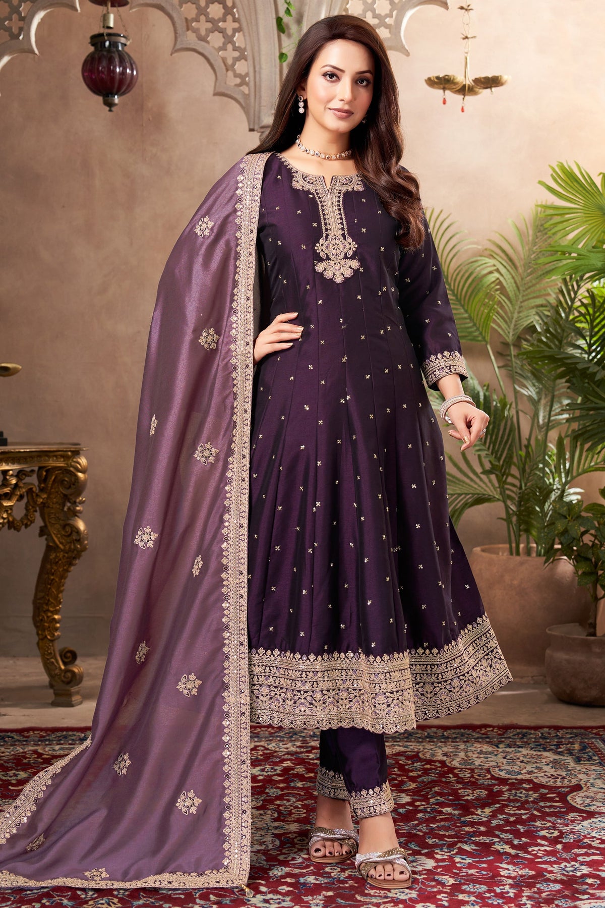 Dark Purple Art Silk Sequin Worked Anarkali Suit