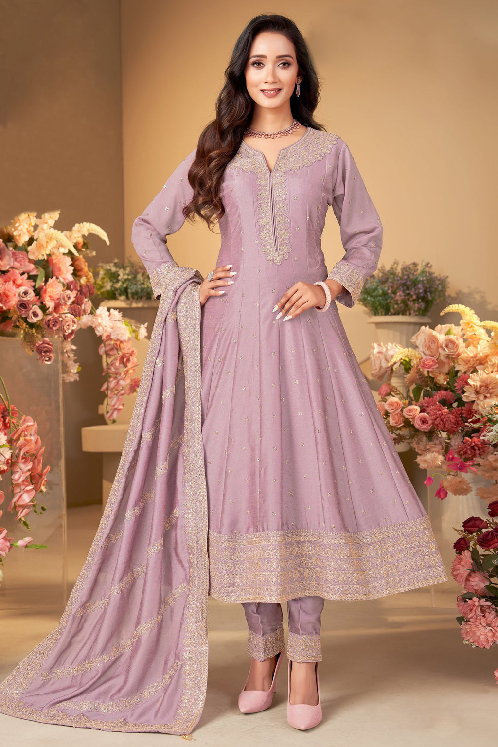 Light Purple Art Silk Sequin Worked Anarkali Suit