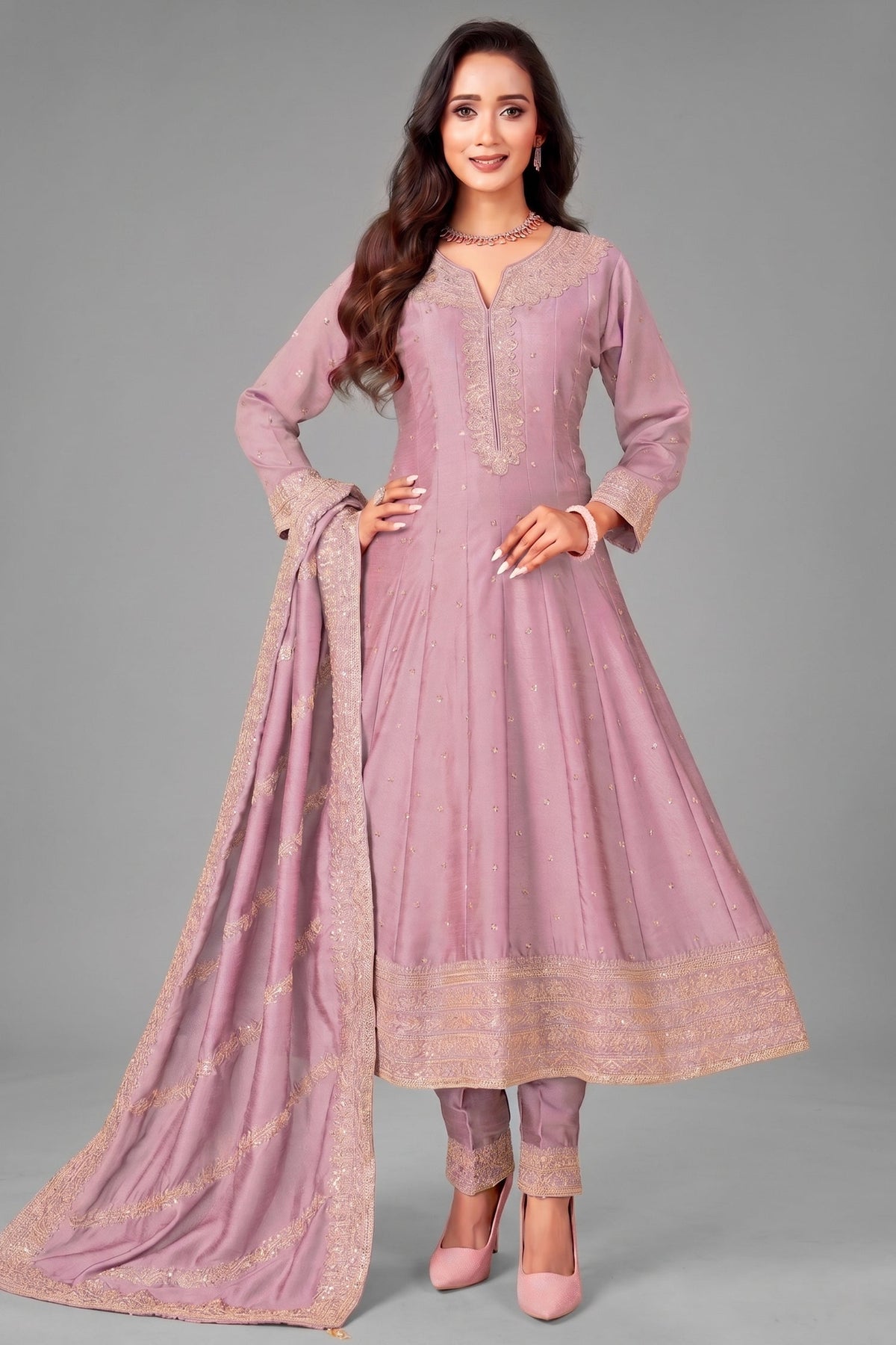 Light Purple Art Silk Sequin Worked Anarkali Suit