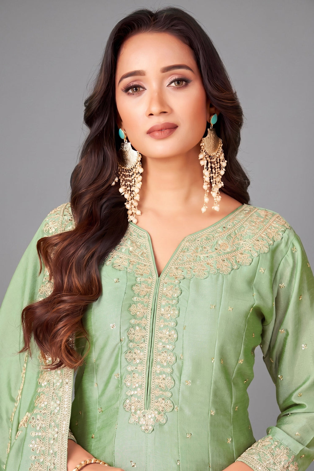 Pista Green Art Silk Sequin Worked Anarkali Suit