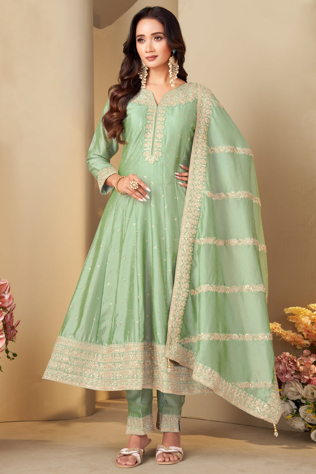 Pista Green Art Silk Sequin Worked Anarkali Suit