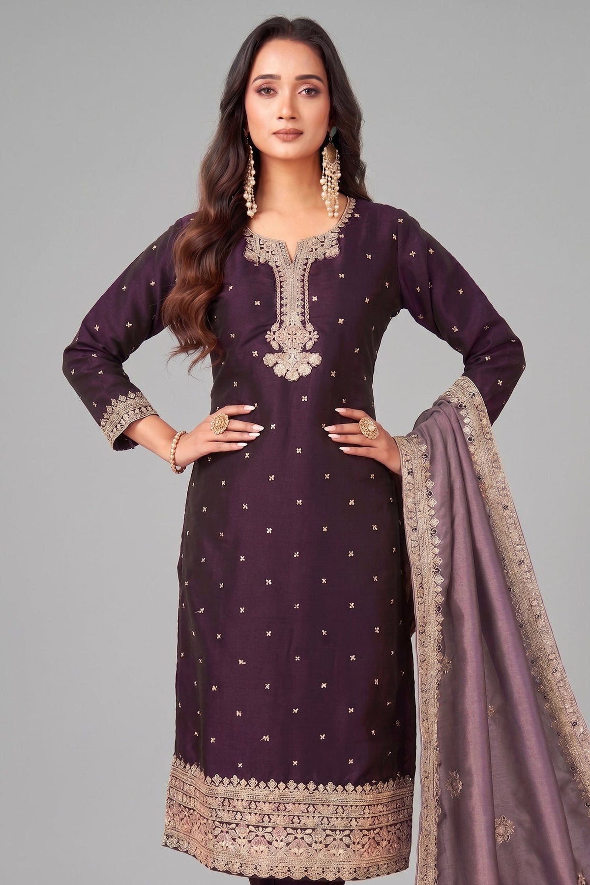 Dark Purple Art Silk Sequin Worked Straight Cut Suit