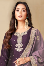 Dark Purple Art Silk Sequin Worked Straight Cut Suit