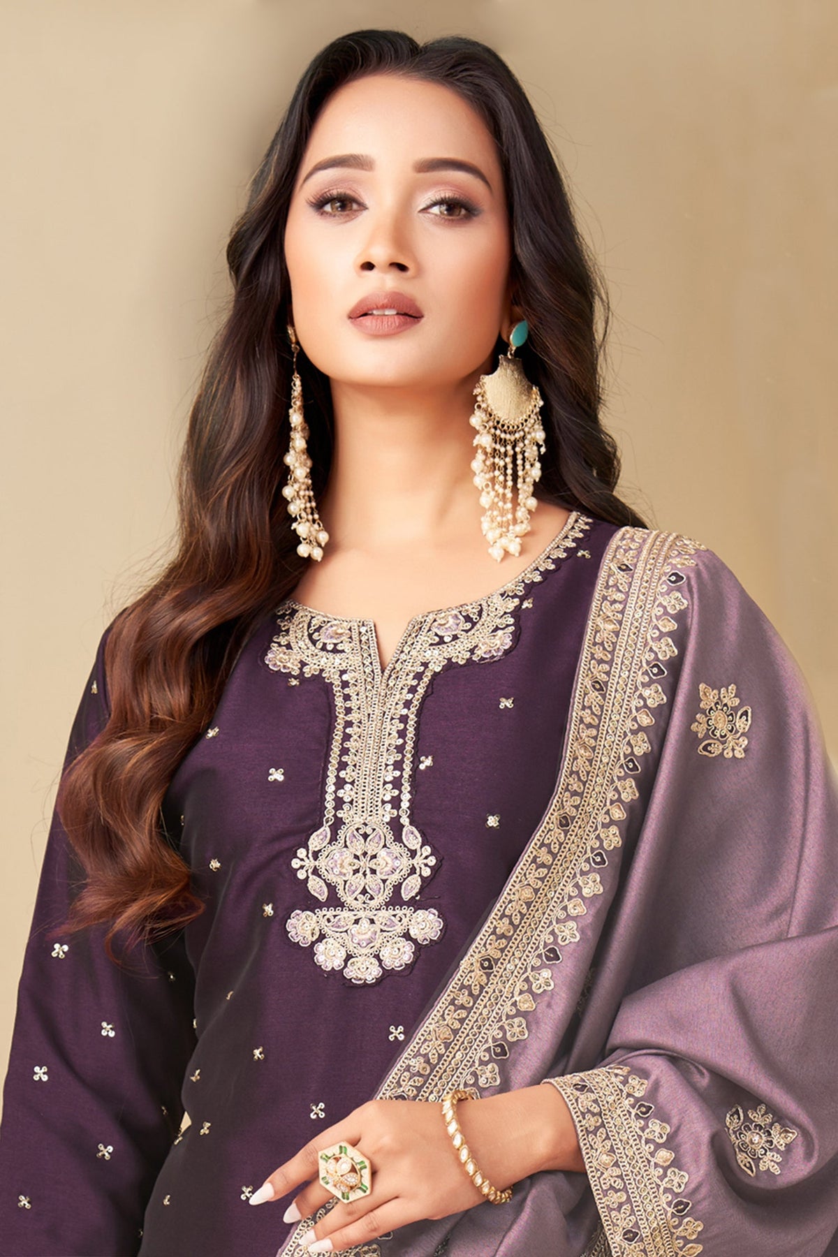 Dark Purple Art Silk Sequin Worked Straight Cut Suit