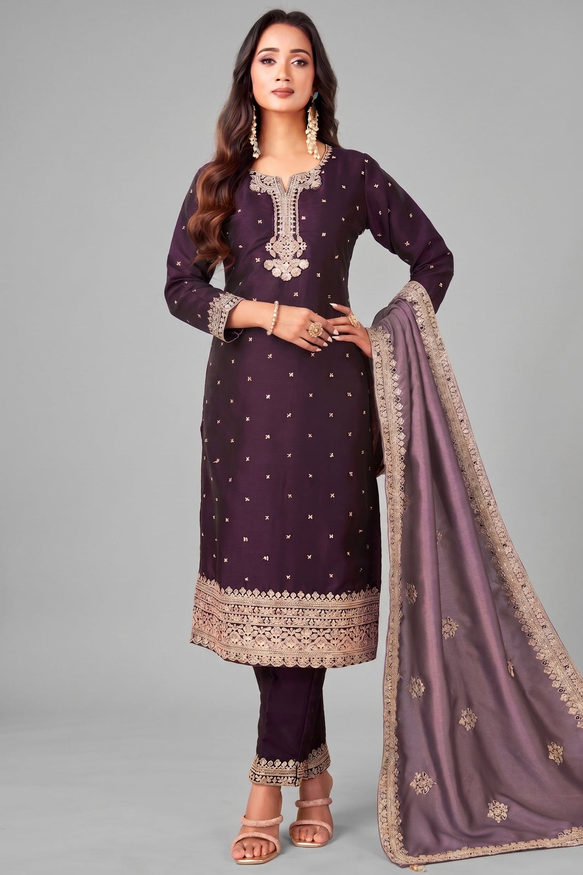 Dark Purple Art Silk Sequin Worked Straight Cut Suit