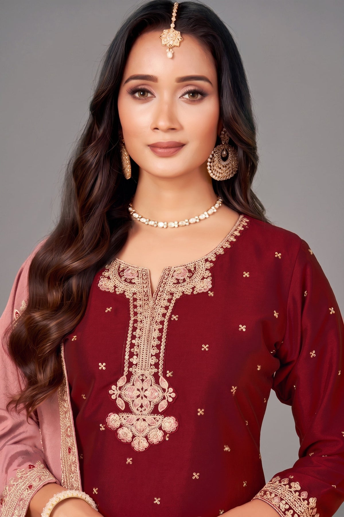 Dark Maroon Art Silk Sequin Worked Straight Cut Suit