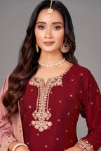 Dark Maroon Art Silk Sequin Worked Straight Cut Suit