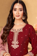 Dark Maroon Art Silk Sequin Worked Straight Cut Suit