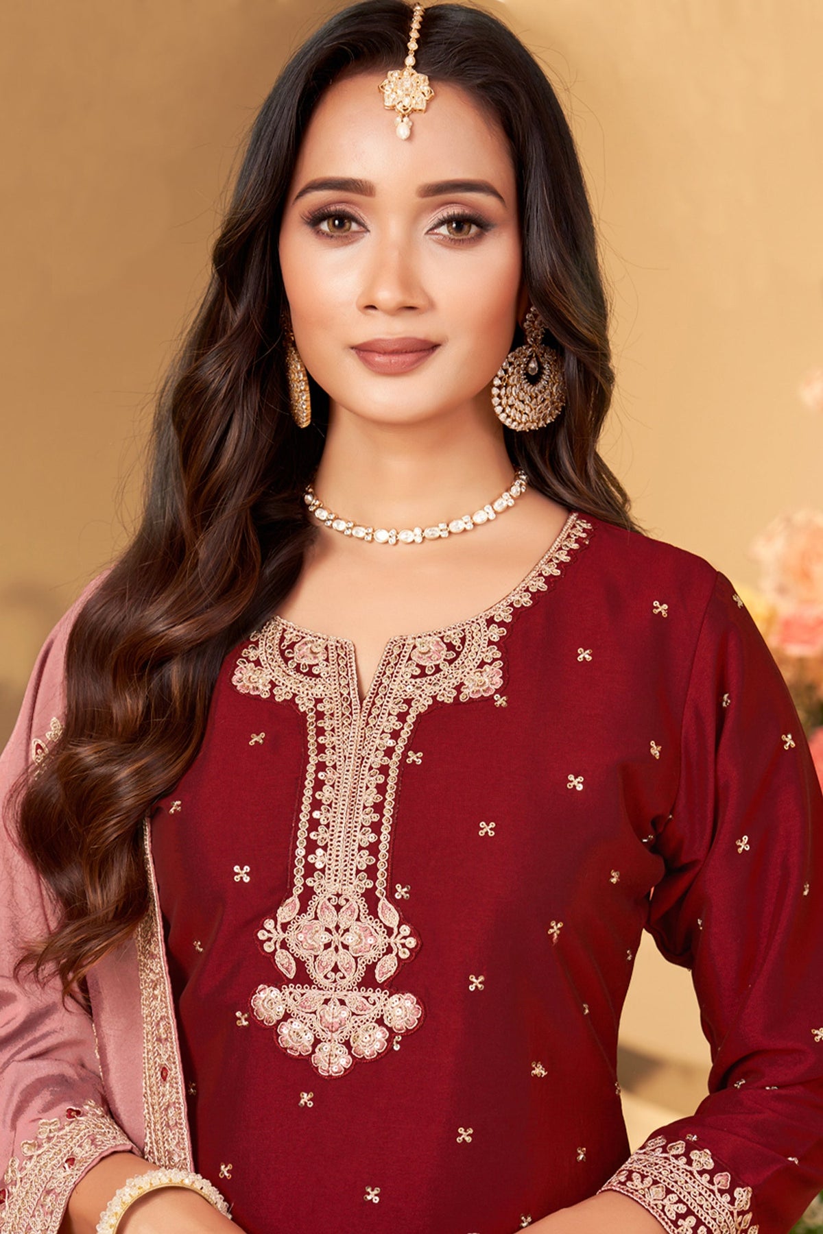 Dark Maroon Art Silk Sequin Worked Straight Cut Suit