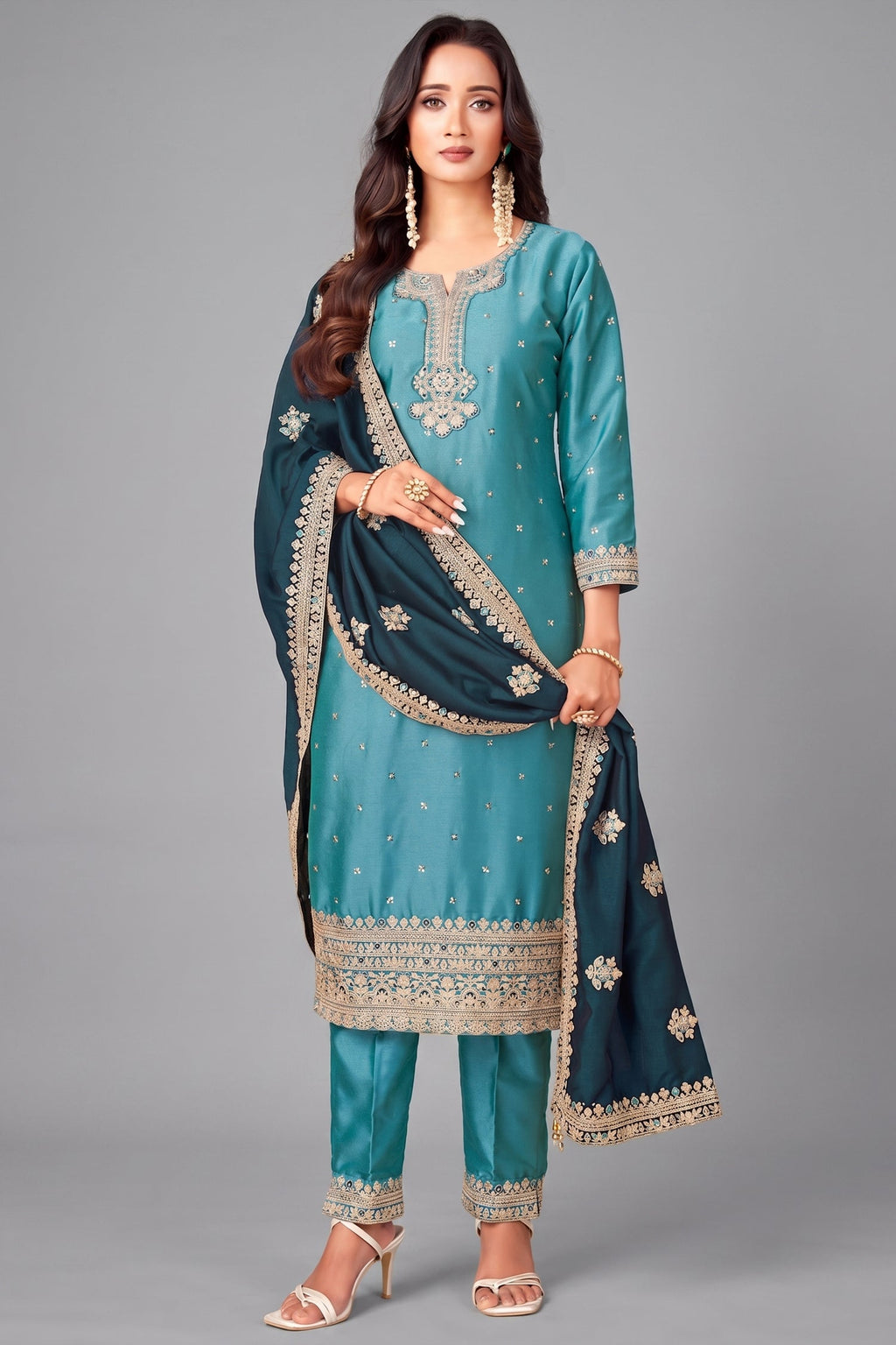 Sky Blue Art Silk Straight Cut Sequin Work Suit