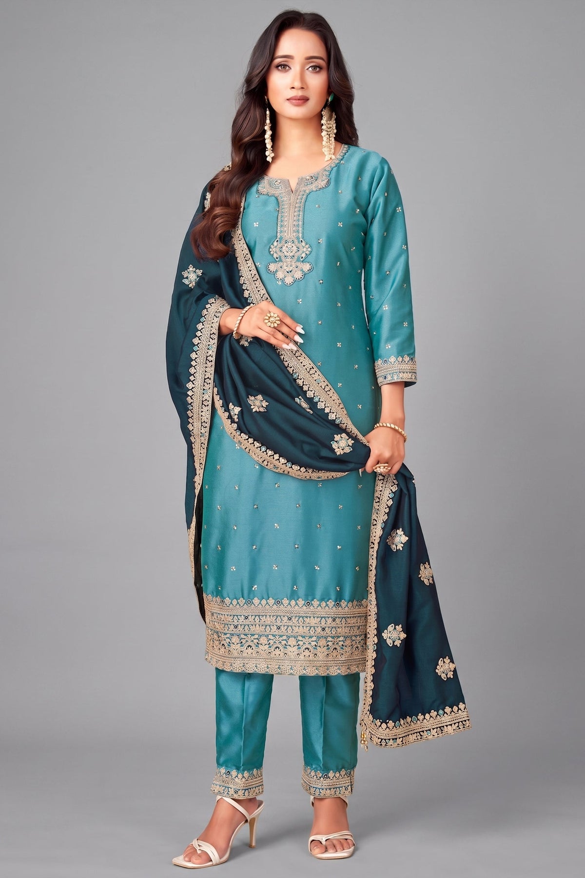Sky Blue Art Silk Straight Cut Sequin Work Suit