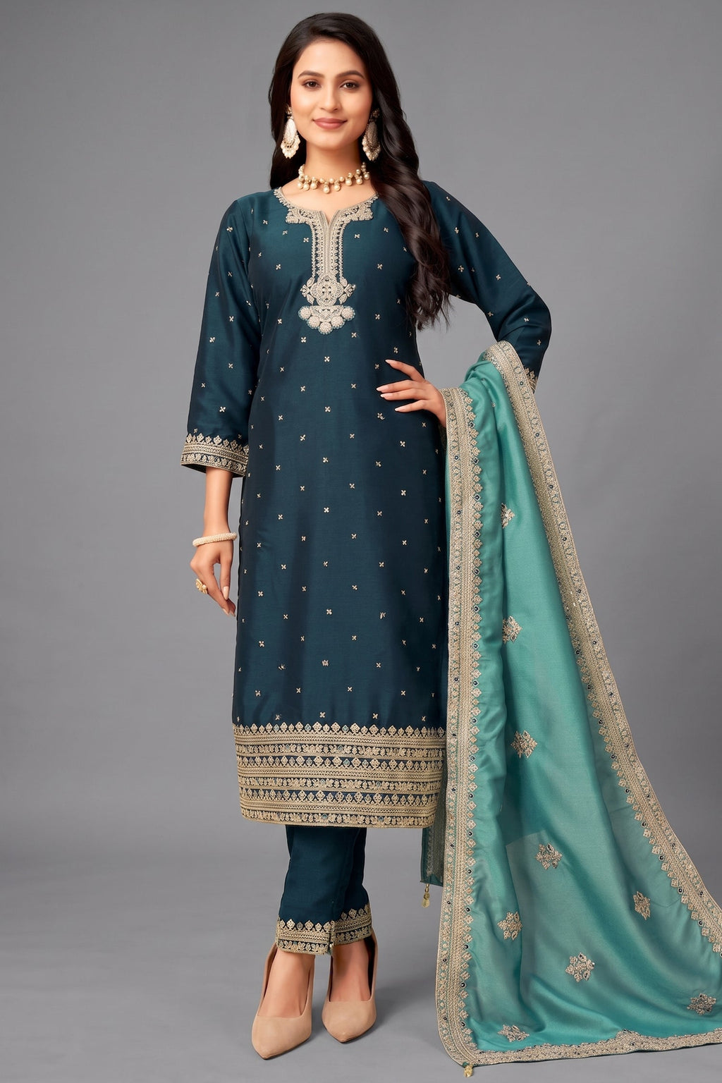 Prussian Blue Art Silk Sequin Embroidered Straight Cut Suit