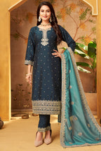 Prussian Blue Art Silk Sequin Embroidered Straight Cut Suit