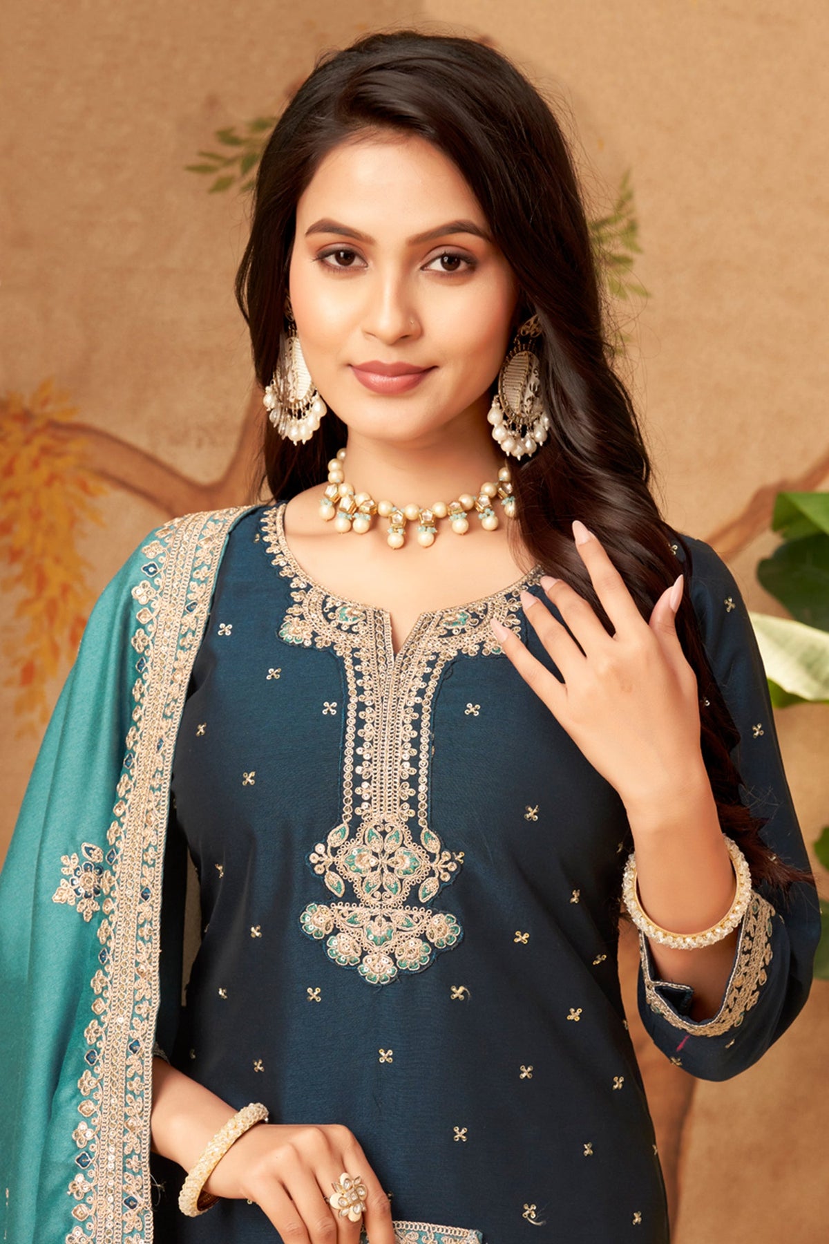 Prussian Blue Art Silk Sequin Embroidered Straight Cut Suit