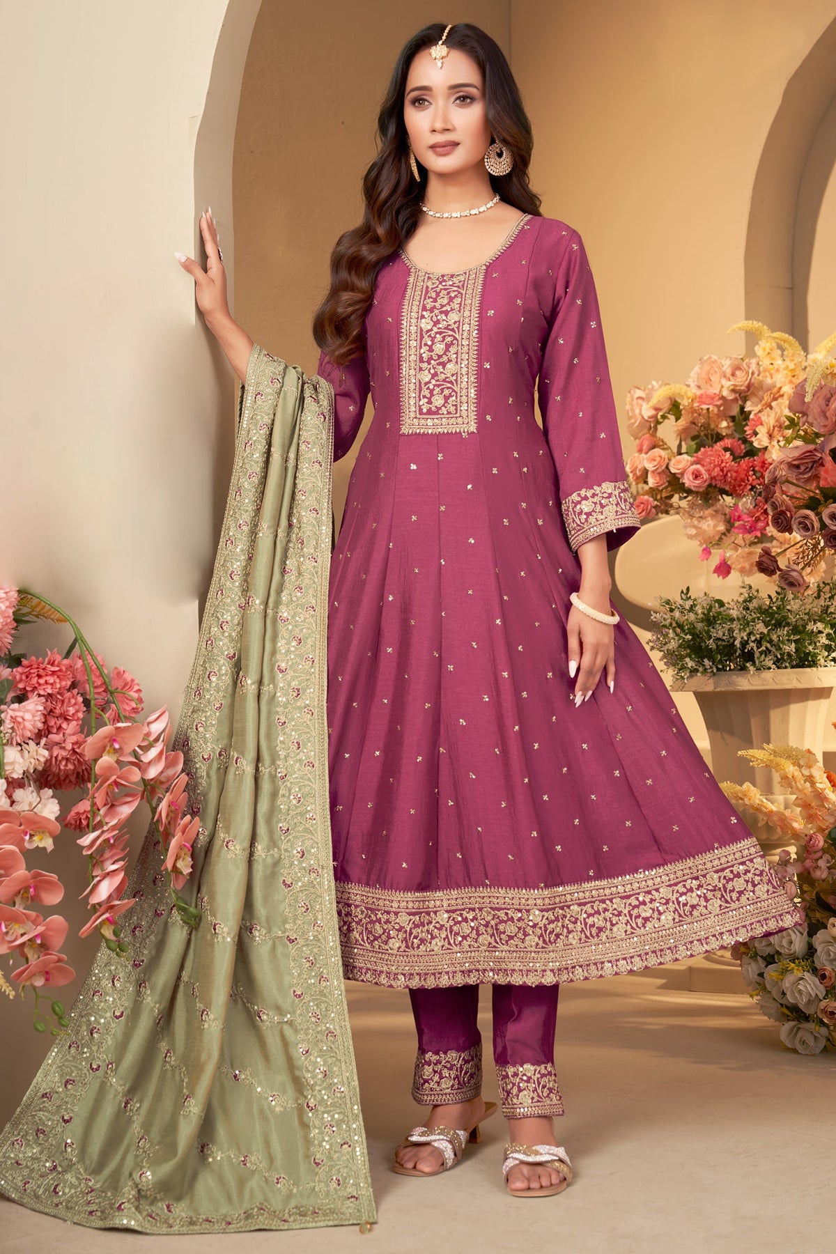 Rouge Pink Art Silk Sequin Worked Anarkali Suit