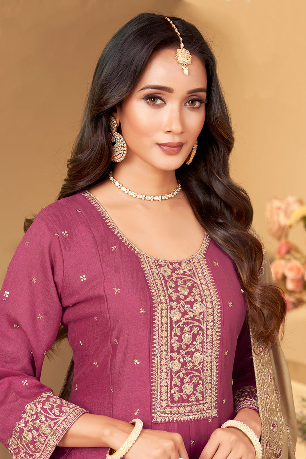 Rouge Pink Art Silk Sequin Worked Anarkali Suit