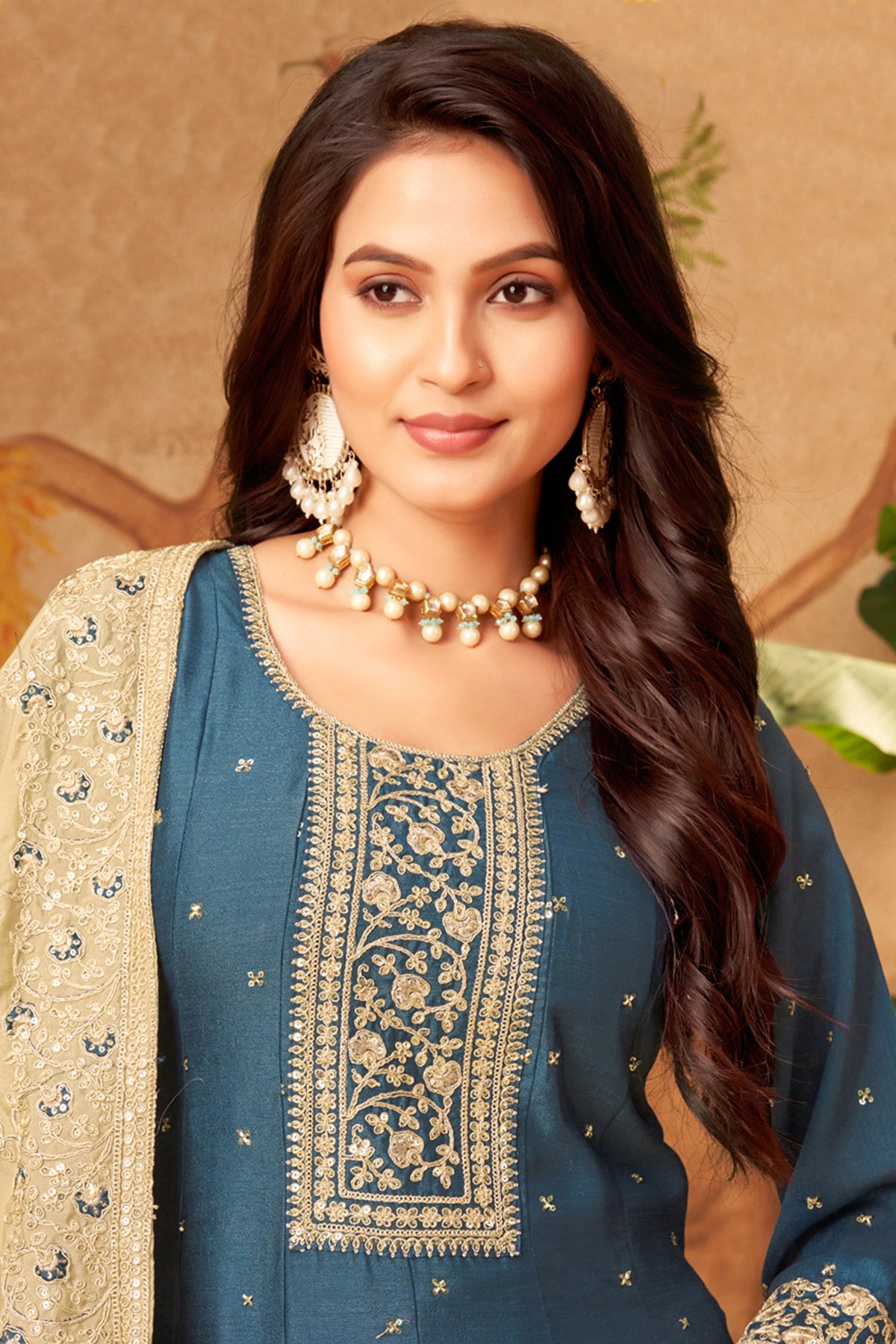 Teal Blue Art Silk Sequin Worked Anarkali Suit
