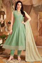 Pista Green Art Silk Sequin Worked Anarkali Suit
