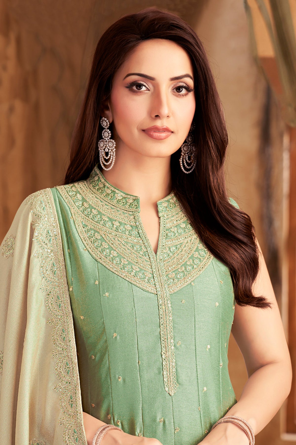 Pista Green Art Silk Sequin Worked Anarkali Suit