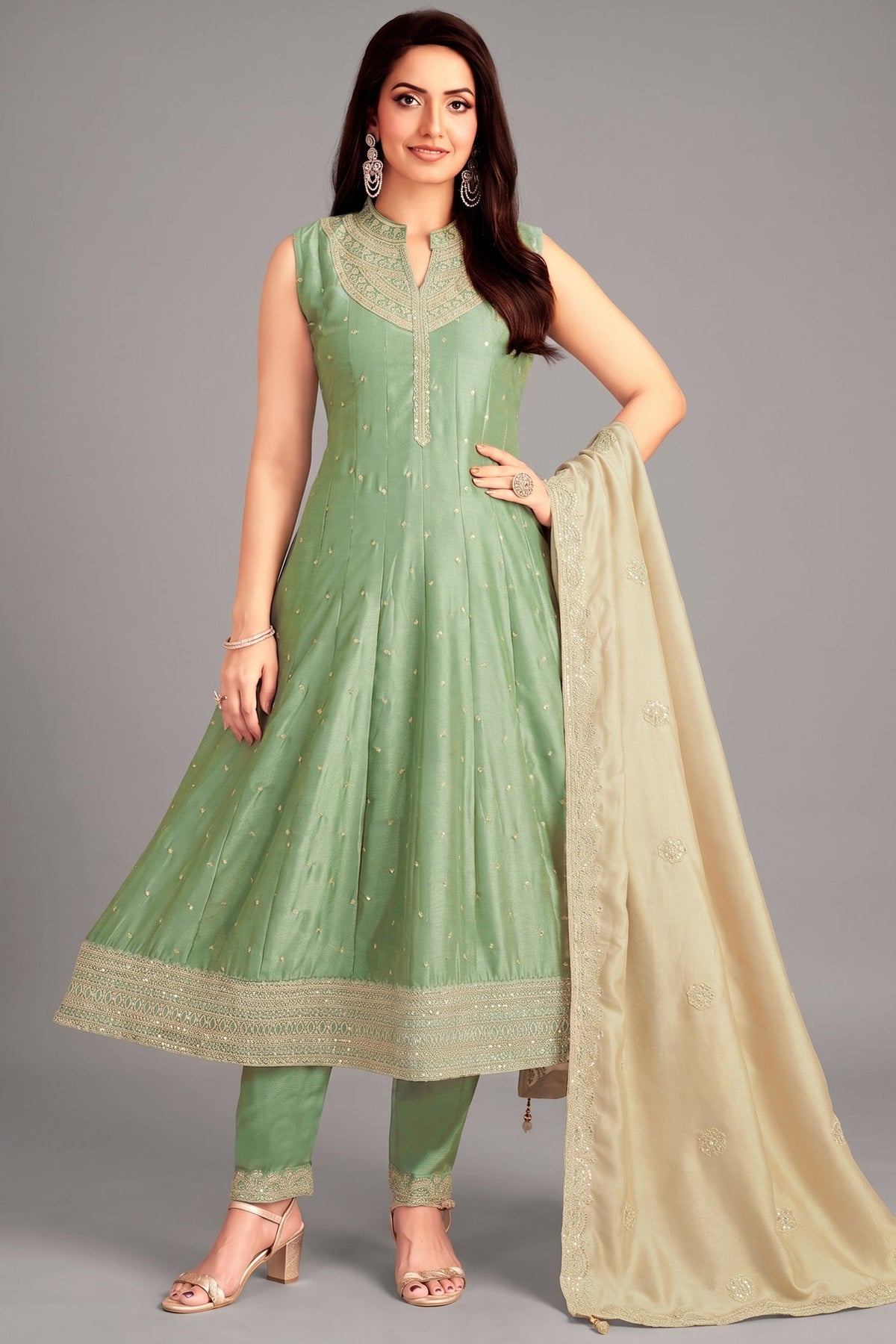 Pista Green Art Silk Sequin Worked Anarkali Suit