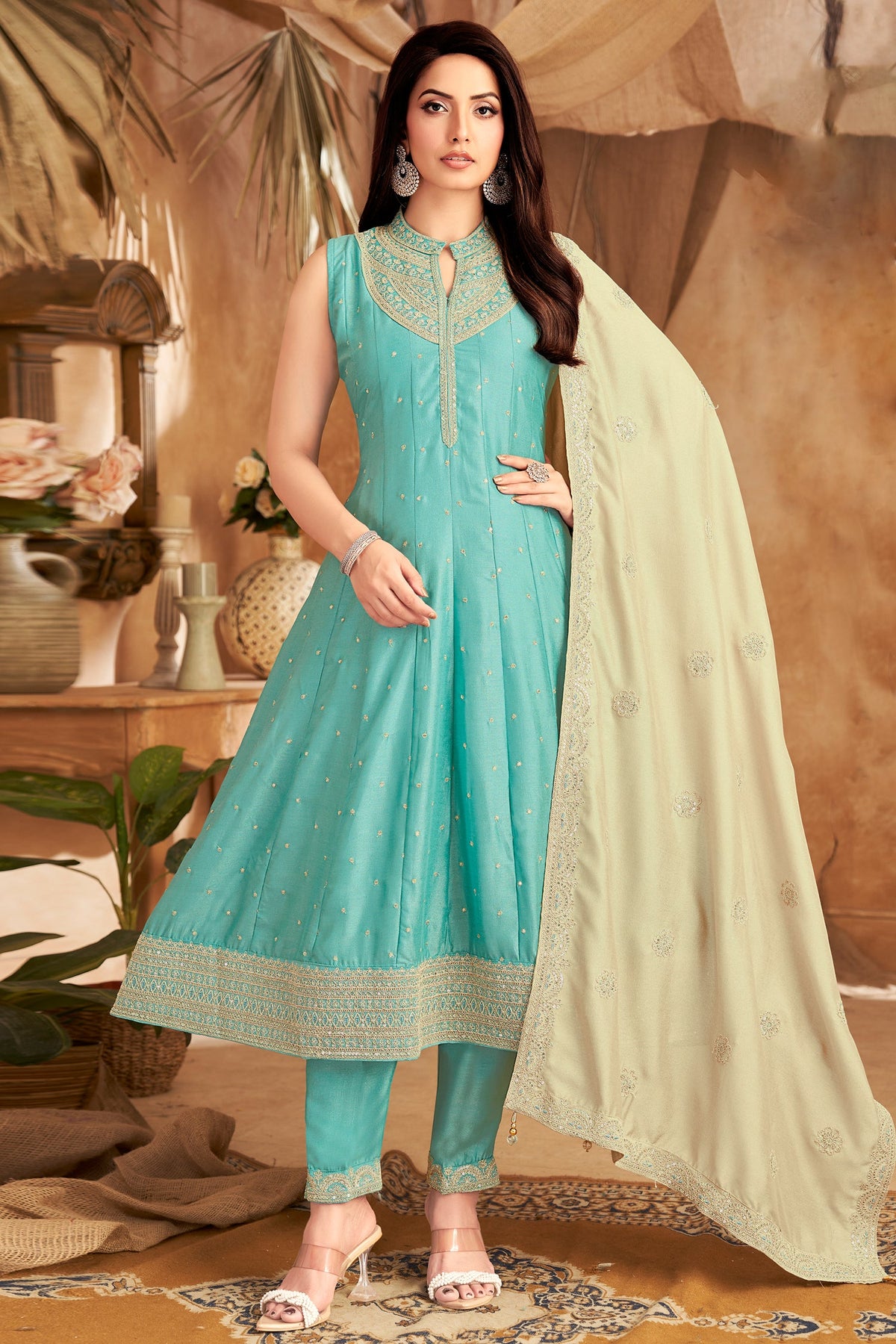 Aqua Blue Art Silk Sequin Embroidered Anarkali Suit
