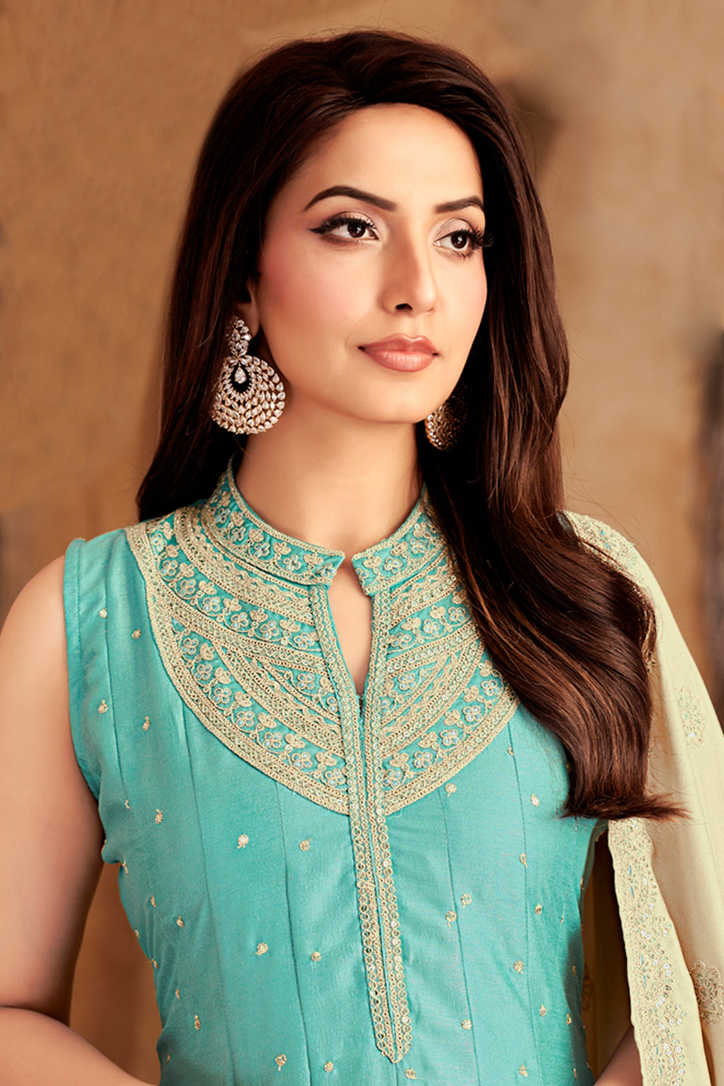 Aqua Blue Art Silk Sequin Embroidered Anarkali Suit