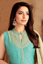 Aqua Blue Art Silk Sequin Embroidered Anarkali Suit