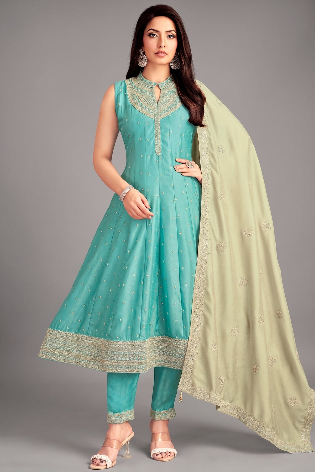 Aqua Blue Art Silk Sequin Embroidered Anarkali Suit