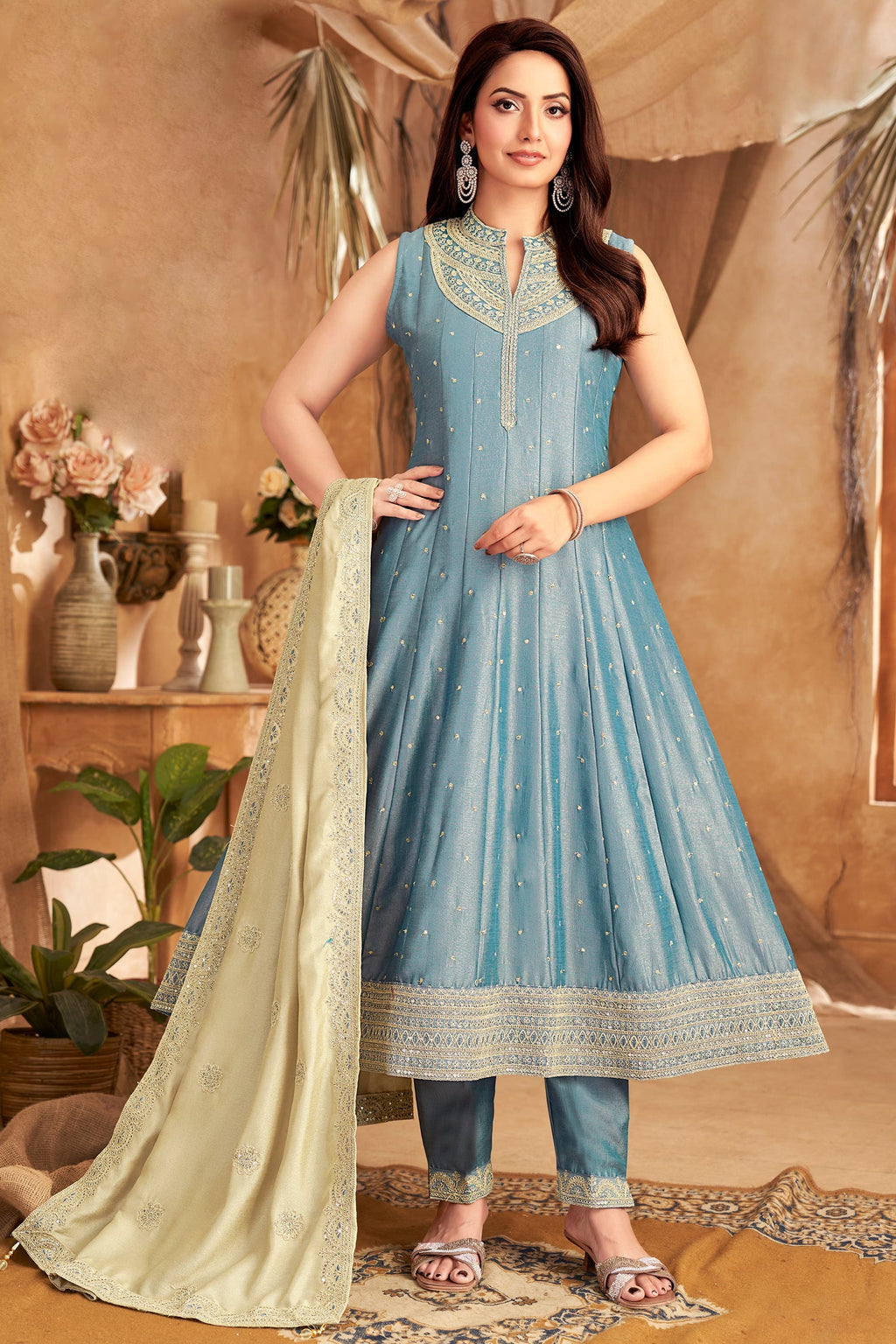 Light Blue Art Silk Sequin Worked Anakrali Suit